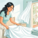 Ilustración de una mujer ventilando su habitación y cambiando las sábanas blancas de su cama.