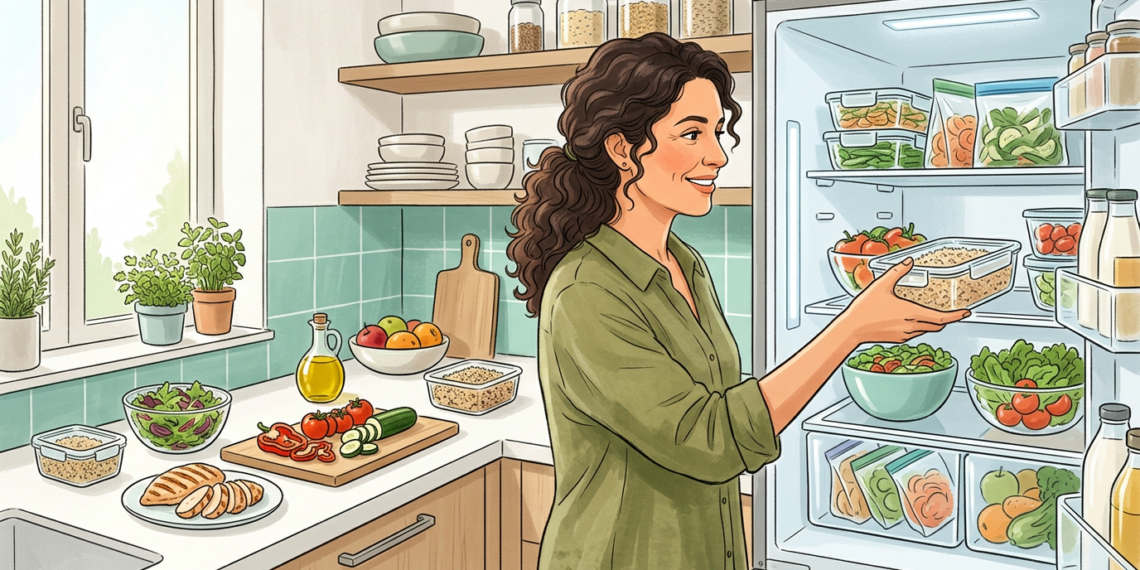 Ilustración de una mujer sonriente sacando un recipiente de vidrio con arroz cocido de una nevera organizada en una cocina luminosa.