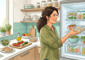 Ilustración de una mujer sonriente sacando un recipiente de vidrio con arroz cocido de una nevera organizada en una cocina luminosa.