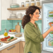 Ilustración de una mujer sonriente sacando un recipiente de vidrio con arroz cocido de una nevera organizada en una cocina luminosa.