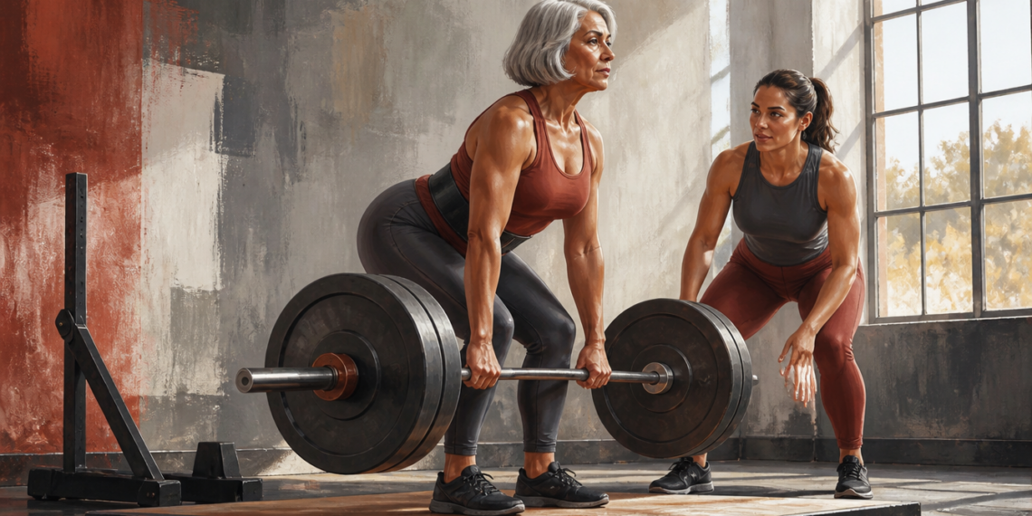 Mujer mayor con cabello gris realiza un levantamiento de peso con barra mientras una entrenadora supervisa su postura en un gimnasio.