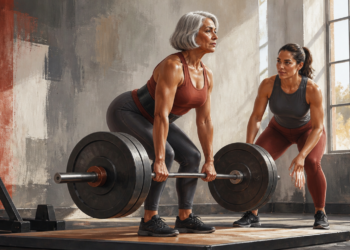 Mujer mayor con cabello gris realiza un levantamiento de peso con barra mientras una entrenadora supervisa su postura en un gimnasio.