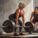 Mujer mayor con cabello gris realiza un levantamiento de peso con barra mientras una entrenadora supervisa su postura en un gimnasio.