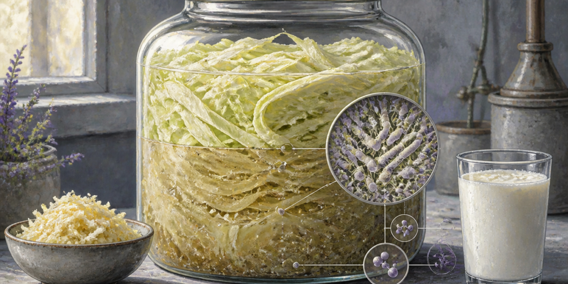 Frasco de vidrio con col fermentada en salmuera, acompañado de un cuenco con chucrut, un vaso de bebida fermentada y círculos de ampliación con microorganismos.