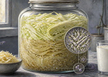 Frasco de vidrio con col fermentada en salmuera, acompañado de un cuenco con chucrut, un vaso de bebida fermentada y círculos de ampliación con microorganismos.