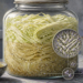 Frasco de vidrio con col fermentada en salmuera, acompañado de un cuenco con chucrut, un vaso de bebida fermentada y círculos de ampliación con microorganismos.