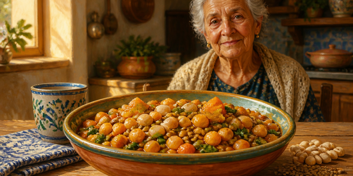 Mujer mayor sentada frente a un plato abundante de legumbres y verduras en una cocina, representando un patrón de alimentación asociado con la longevidad.