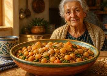Mujer mayor sentada frente a un plato abundante de legumbres y verduras en una cocina, representando un patrón de alimentación asociado con la longevidad.