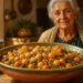 Mujer mayor sentada frente a un plato abundante de legumbres y verduras en una cocina, representando un patrón de alimentación asociado con la longevidad.