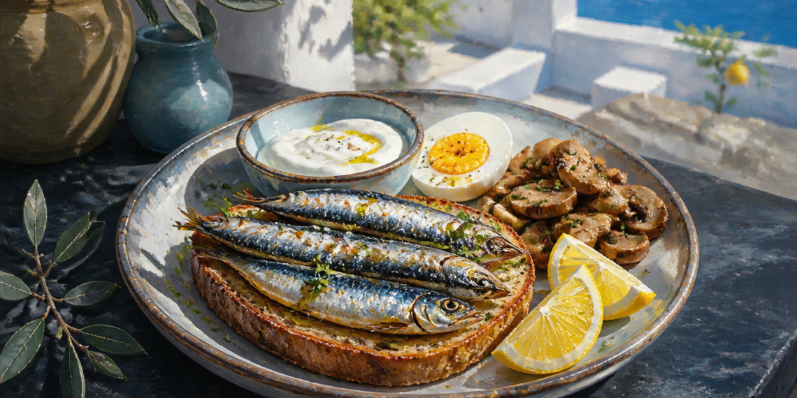 Plato con tostada cubierta de sardinas, huevo cocido, champiñones, yogur y gajos de limón servido sobre una mesa al aire libre.