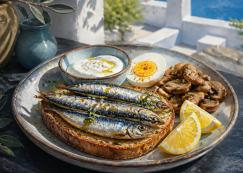 Plato con tostada cubierta de sardinas, huevo cocido, champiñones, yogur y gajos de limón servido sobre una mesa al aire libre.