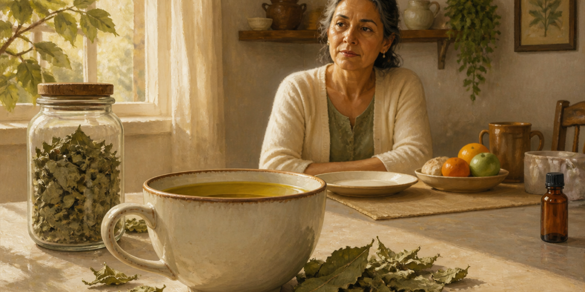Mujer adulta sentada ante una taza de infusión, junto a hojas secas de boldo, un frasco de cristal y un pequeño recipiente oscuro.