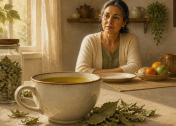 Mujer adulta sentada ante una taza de infusión, junto a hojas secas de boldo, un frasco de cristal y un pequeño recipiente oscuro.
