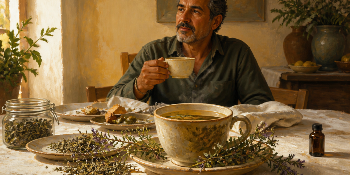 Hombre adulto tomando una infusión en una mesa con una taza grande de hierbas, plantas secas, un frasco de hojas y un pequeño recipiente de vidrio.