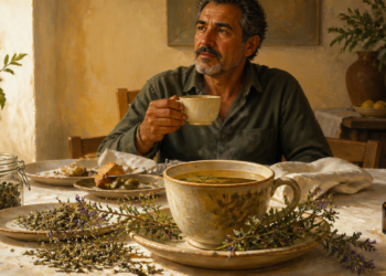 Hombre adulto tomando una infusión en una mesa con una taza grande de hierbas, plantas secas, un frasco de hojas y un pequeño recipiente de vidrio.