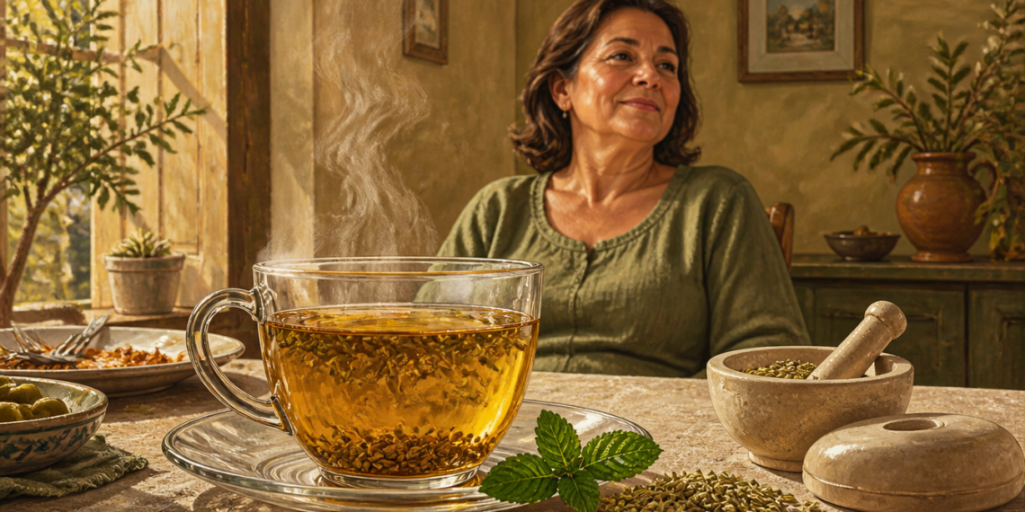 Taza de infusión de hierbas sobre una mesa junto a hojas de menta, semillas y un mortero, con una mujer sentada al fondo después de comer.