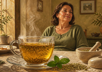 Taza de infusión de hierbas sobre una mesa junto a hojas de menta, semillas y un mortero, con una mujer sentada al fondo después de comer.