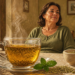 Taza de infusión de hierbas sobre una mesa junto a hojas de menta, semillas y un mortero, con una mujer sentada al fondo después de comer.