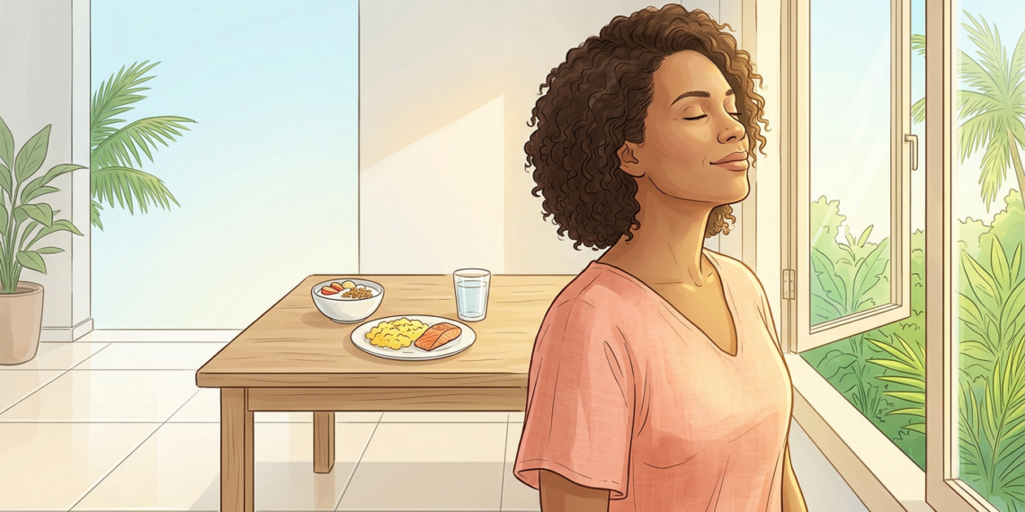 Una mujer de unos 40 años con cabello rizado disfruta de un momento de tranquilidad junto a una ventana soleada, con una mesa con comida saludable y un vaso de agua al fondo, simbolizando bienestar y nutrición.
