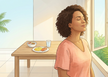 Una mujer de unos 40 años con cabello rizado disfruta de un momento de tranquilidad junto a una ventana soleada, con una mesa con comida saludable y un vaso de agua al fondo, simbolizando bienestar y nutrición.