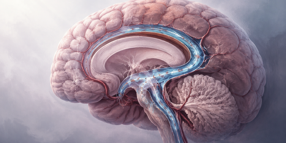 Ilustración médica de un cerebro en corte lateral con canales azules que recorren su interior y descienden hacia el tronco encefálico.