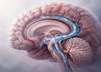 Ilustración médica de un cerebro en corte lateral con canales azules que recorren su interior y descienden hacia el tronco encefálico.