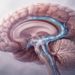 Ilustración médica de un cerebro en corte lateral con canales azules que recorren su interior y descienden hacia el tronco encefálico.