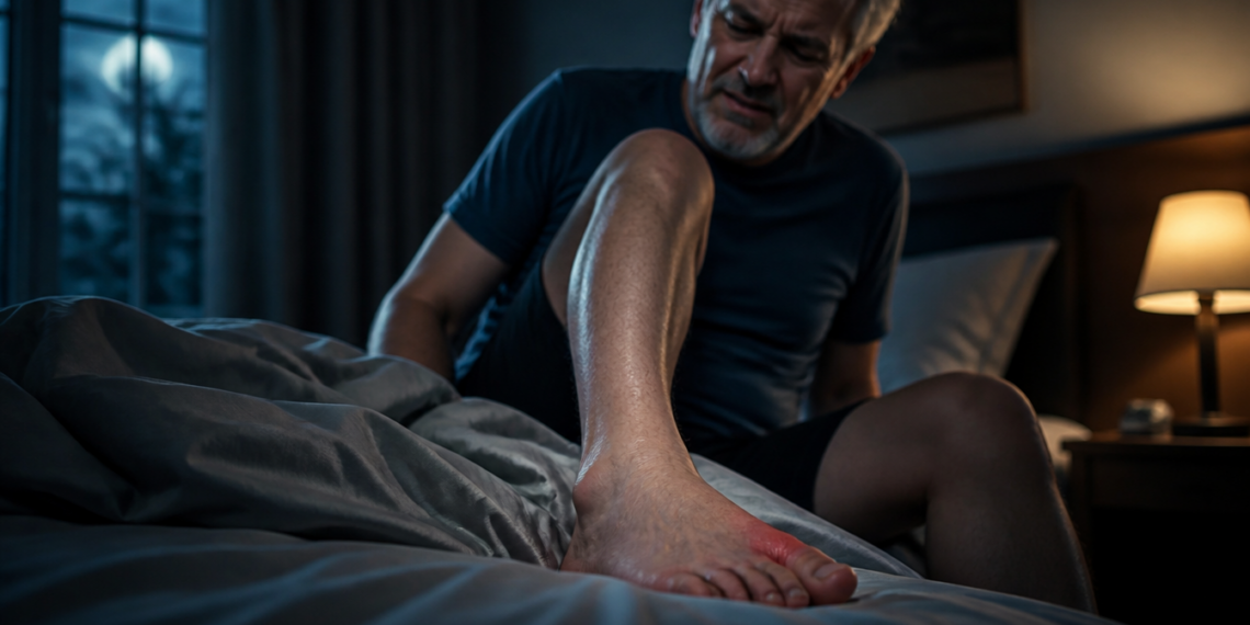 Hombre adulto sentado en la cama durante la noche, con expresión de dolor y el dedo gordo del pie enrojecido e hinchado.