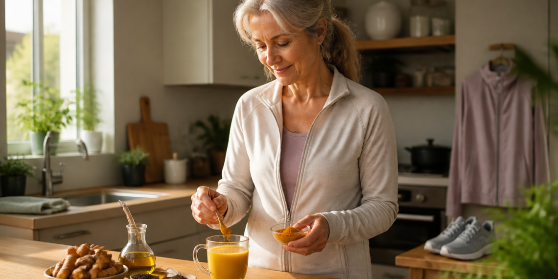 Mujer mayor añade cúrcuma en polvo a una bebida amarilla en una cocina, junto a raíces de jengibre, aceite y pequeños recipientes con especias.