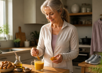 Mujer mayor añade cúrcuma en polvo a una bebida amarilla en una cocina, junto a raíces de jengibre, aceite y pequeños recipientes con especias.