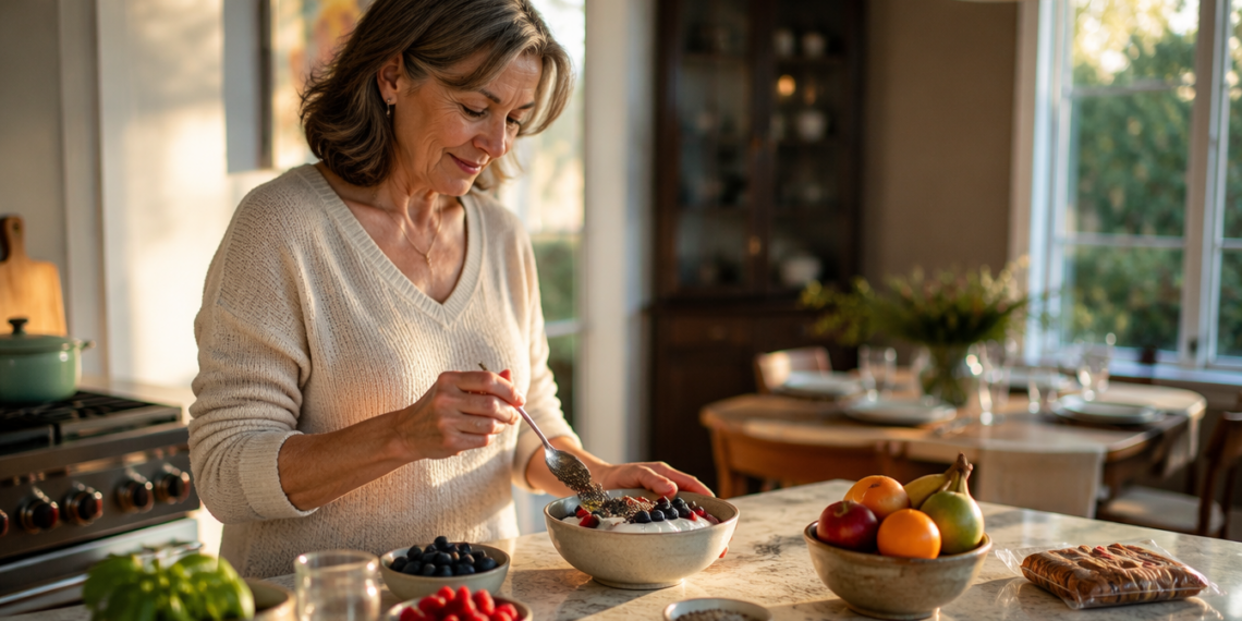Mujer adulta prepara un cuenco de yogur con frutos rojos y semillas en una cocina, junto a arándanos, frambuesas, fruta fresca y un paquete de galletas.
