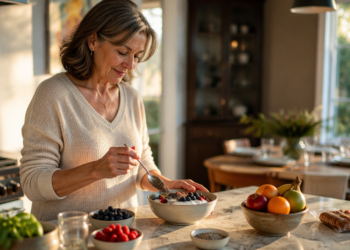 Mujer adulta prepara un cuenco de yogur con frutos rojos y semillas en una cocina, junto a arándanos, frambuesas, fruta fresca y un paquete de galletas.
