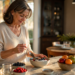 Mujer adulta prepara un cuenco de yogur con frutos rojos y semillas en una cocina, junto a arándanos, frambuesas, fruta fresca y un paquete de galletas.