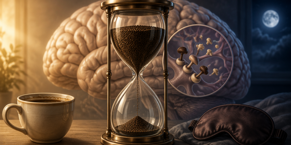 Taza de café junto a un reloj de arena, un cerebro, una representación ampliada de conexiones neuronales y un antifaz, con luz diurna a un lado y la luna al otro.