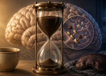 Taza de café junto a un reloj de arena, un cerebro, una representación ampliada de conexiones neuronales y un antifaz, con luz diurna a un lado y la luna al otro.