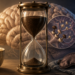 Taza de café junto a un reloj de arena, un cerebro, una representación ampliada de conexiones neuronales y un antifaz, con luz diurna a un lado y la luna al otro.
