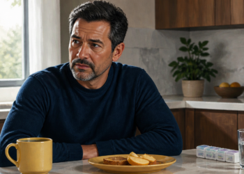 Hombre de mediana edad sentado en una cocina junto a un pastillero, un vaso de agua, una taza y un plato con comida, con expresión seria.
