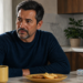 Hombre de mediana edad sentado en una cocina junto a un pastillero, un vaso de agua, una taza y un plato con comida, con expresión seria.