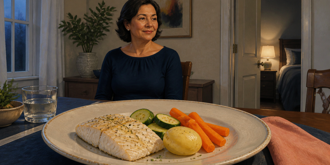 Mujer de mediana edad sentada a la mesa frente a un plato con pescado, patata cocida, calabacín y zanahoria durante la cena.