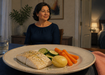 Mujer de mediana edad sentada a la mesa frente a un plato con pescado, patata cocida, calabacín y zanahoria durante la cena.