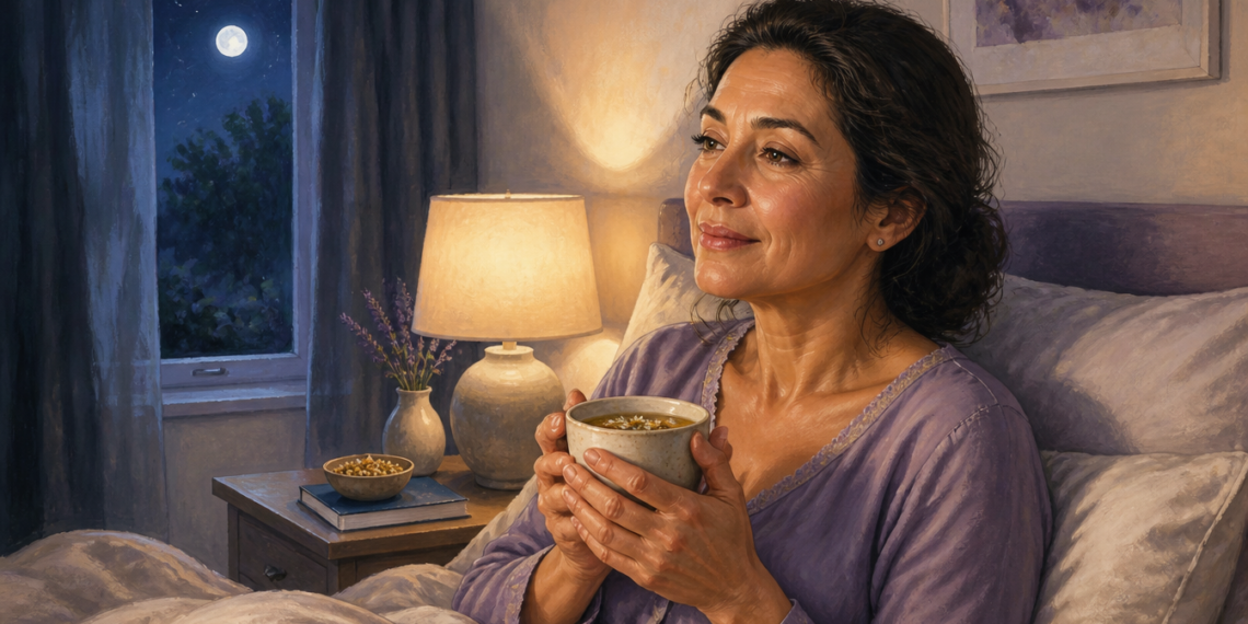 Mujer de mediana edad sentada en la cama durante la noche sostiene una taza de infusión caliente junto a una lámpara encendida.