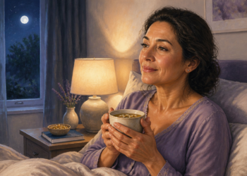 Mujer de mediana edad sentada en la cama durante la noche sostiene una taza de infusión caliente junto a una lámpara encendida.