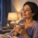 Mujer de mediana edad sentada en la cama durante la noche sostiene una taza de infusión caliente junto a una lámpara encendida.