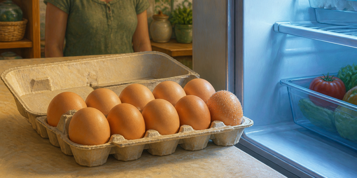 Cartón abierto con huevos sobre una encimera junto a una nevera abierta con alimentos en su interior, ilustrando el debate sobre conservar los huevos dentro o fuera del frigorífico.