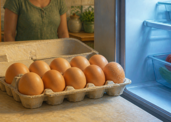 Cartón abierto con huevos sobre una encimera junto a una nevera abierta con alimentos en su interior, ilustrando el debate sobre conservar los huevos dentro o fuera del frigorífico.