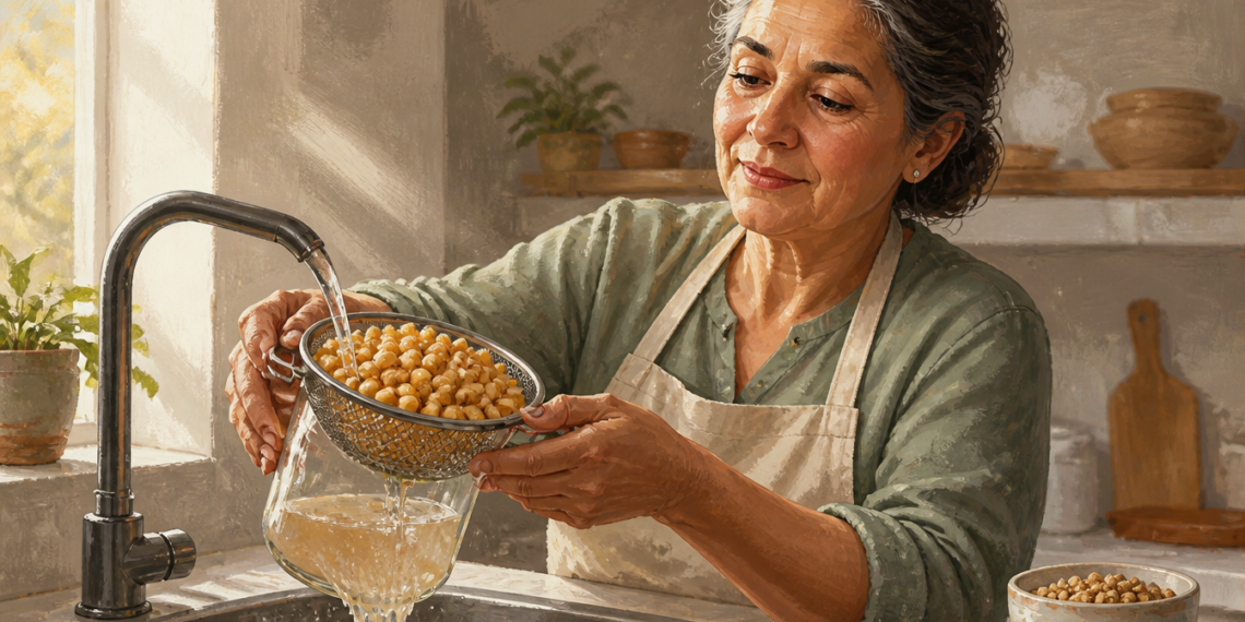 Mujer madura en una cocina enjuagando garbanzos cocidos en un colador de metal bajo el chorro de agua del grifo para eliminar el líquido de conservación.