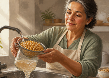 Mujer madura en una cocina enjuagando garbanzos cocidos en un colador de metal bajo el chorro de agua del grifo para eliminar el líquido de conservación.