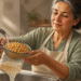 Mujer madura en una cocina enjuagando garbanzos cocidos en un colador de metal bajo el chorro de agua del grifo para eliminar el líquido de conservación.