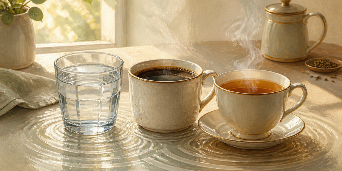 Vaso de agua junto a una taza de café y una taza de té caliente sobre una mesa iluminada por luz natural.