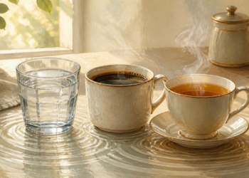 Vaso de agua junto a una taza de café y una taza de té caliente sobre una mesa iluminada por luz natural.